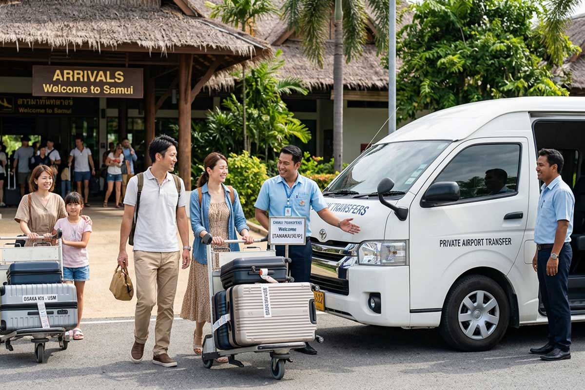 サムイ空港で荷物を持った旅行者を送迎車へ案内する空港送迎サービス